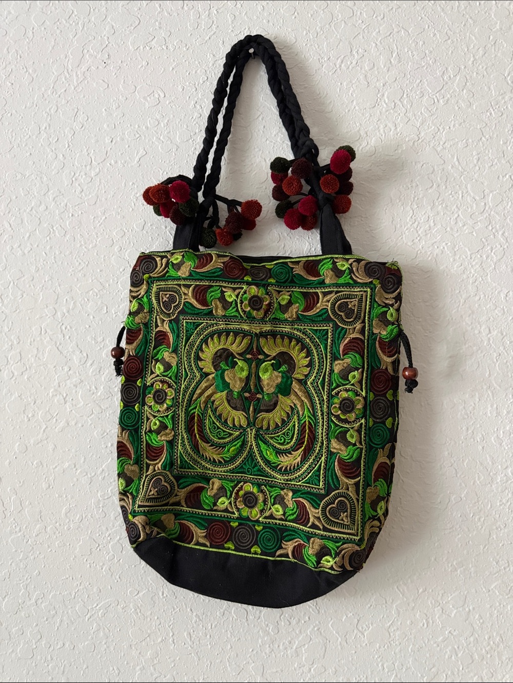Thai Hmong Embroidered Green Boho Tote Bag with Pom Pom Accents
